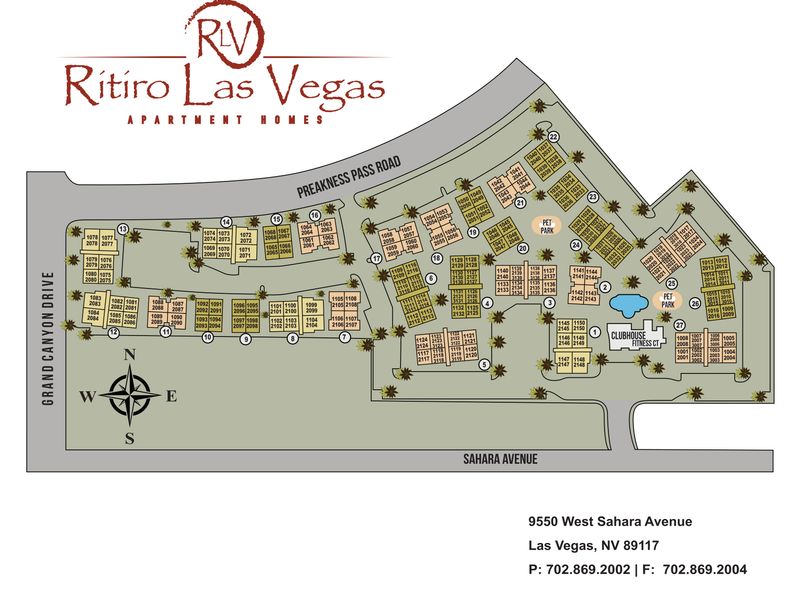 Ritiro Apartments property map showing unit locations, pool, spa, clubhouse, fitness center, playground and parking